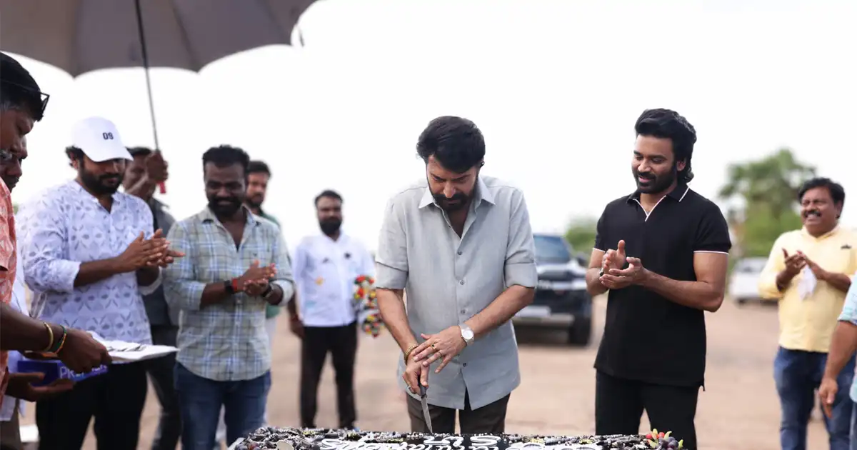 Photo Moment: Dhanush celebrates Mammootty’s Padma Bhushan award on OM sets